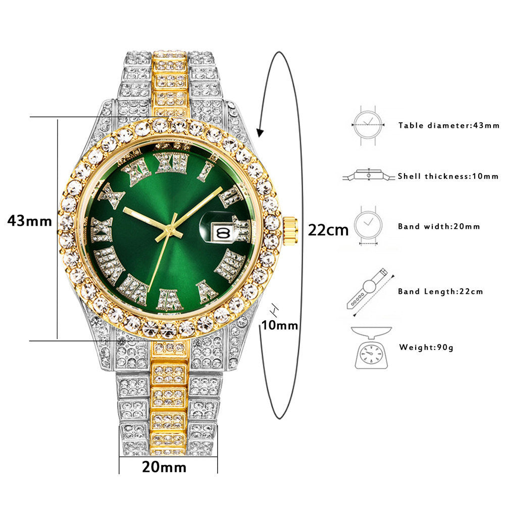 Full Diamond Roman Scale Steel Band Calendar Watch