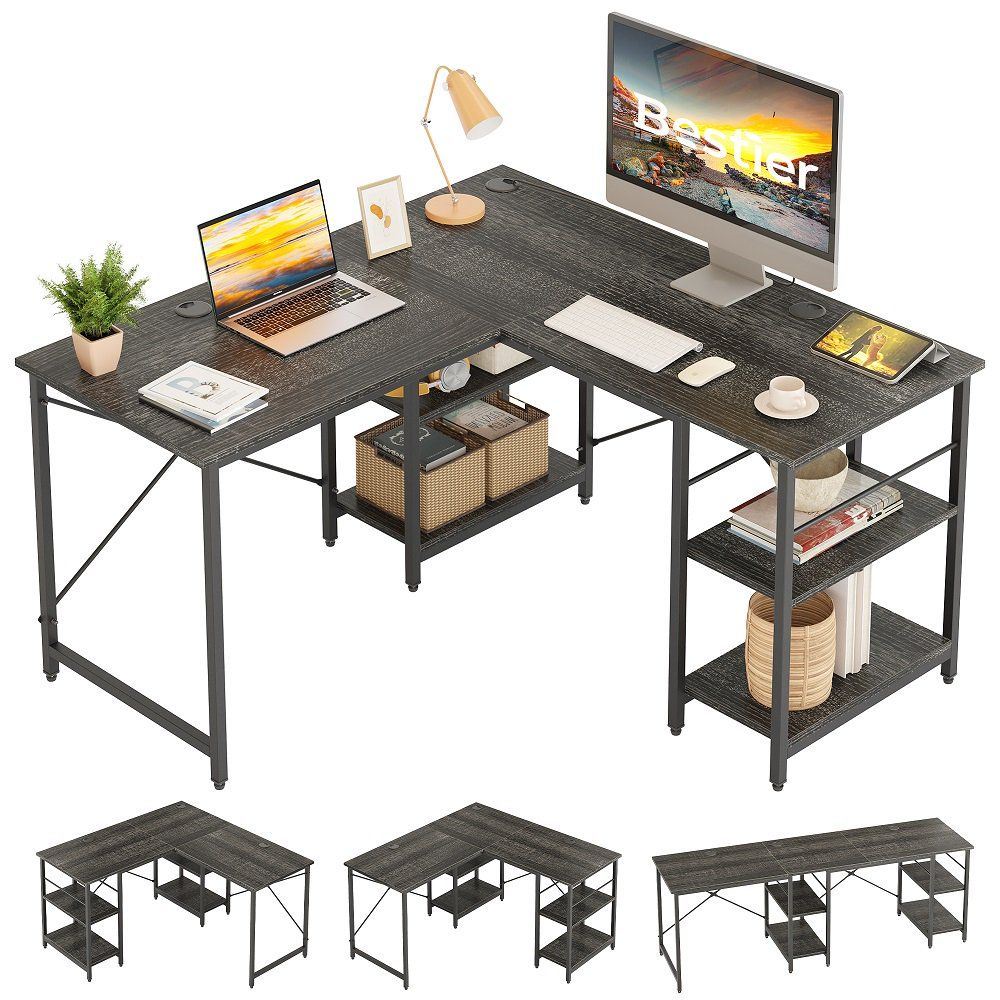86.6 Inch L Shape Desk With Shelf 2 Persons Long Table Black
