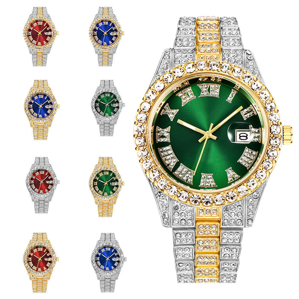 Full Diamond Roman Scale Steel Band Calendar Watch