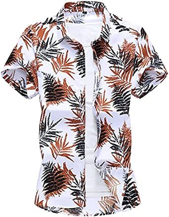 Men's Fashion Print Shirts Casual Lapel Short Sleeve T-Shirts Cotton Button-Up Shirts