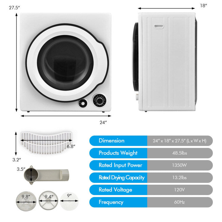 Compact Electric Tumble Laundry Dryer with Stainless Steel Tub