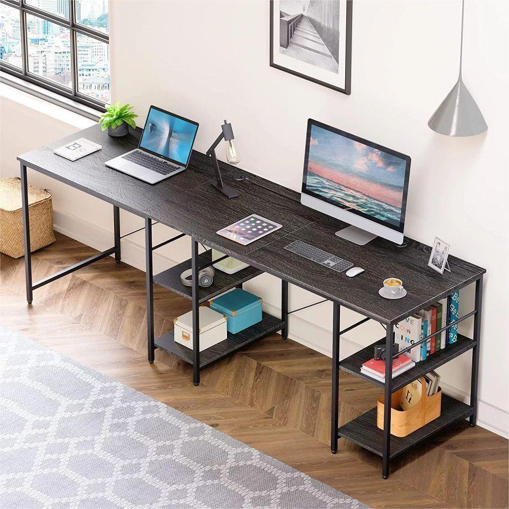86.6 Inch L Shape Desk With Shelf 2 Persons Long Table Black