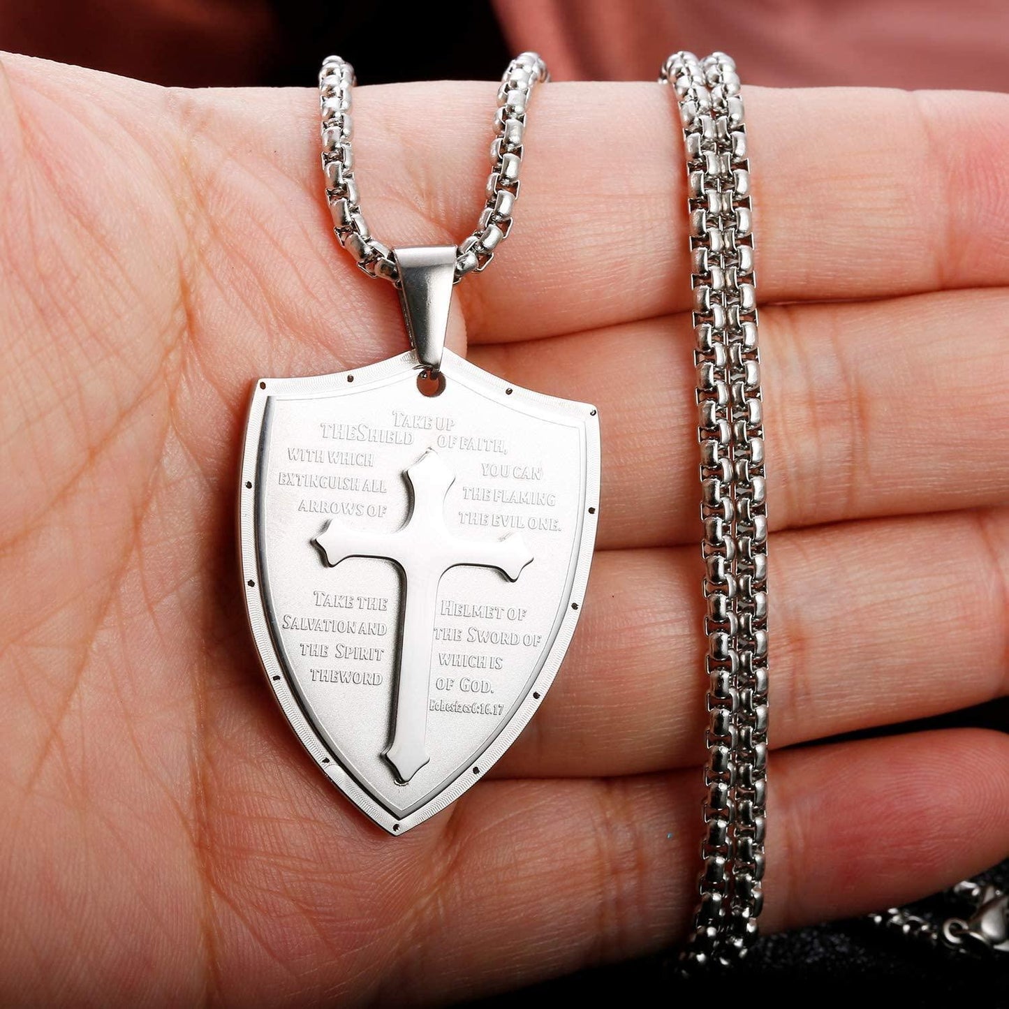 Cross Necklace for Men Shield Armor of God Ephesians 6:16-17; Stainless Steel Faith Pendant Necklace Christian Jewelry