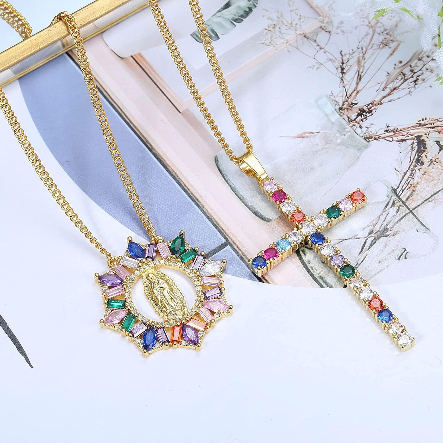 18K Gold Plated Cross Necklace for Women Virgin Mary Pendant Necklace Rainbow Cubic Zirconia Inlaid Catholic Christian Jewelry