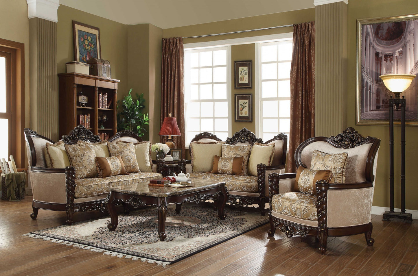 39" Beige Floral Sofa And Toss Pillows With Dark Brown Legs