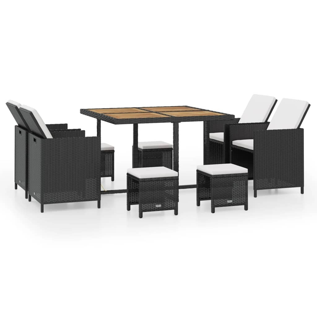 vidaXL 9 Piece Patio Dining Set Poly Rattan and Acacia Wood Black