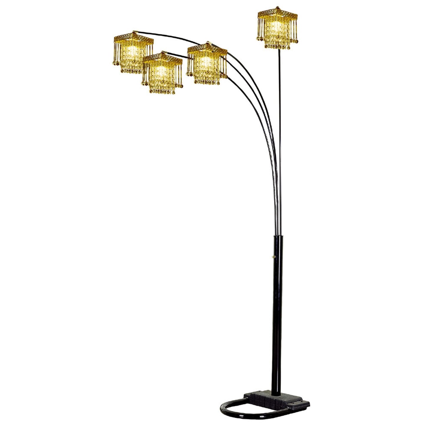 84" Black Four Light Arc Floor Lamp With Clear Crystal Glass Chandelier Shade