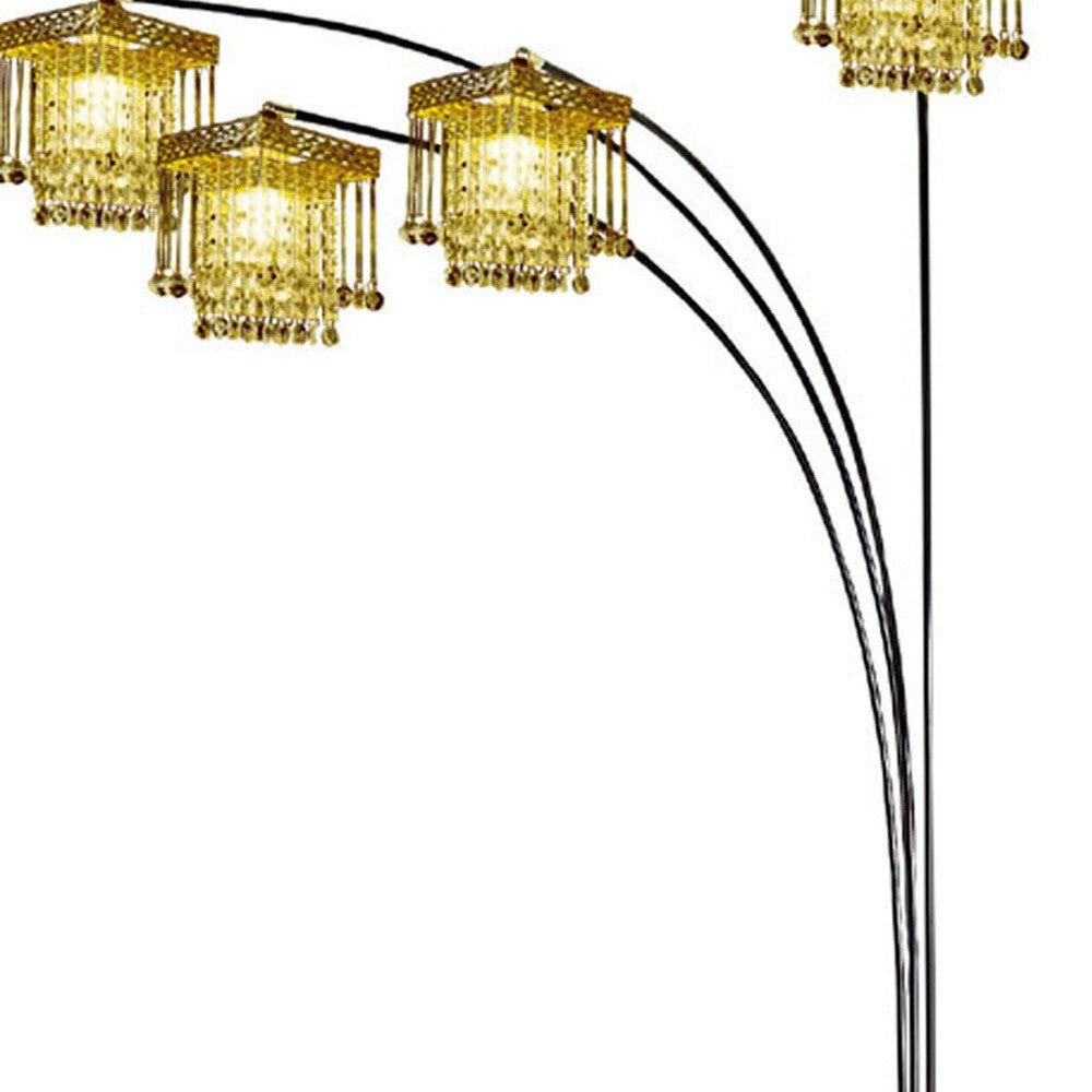 84" Black Four Light Arc Floor Lamp With Clear Crystal Glass Chandelier Shade