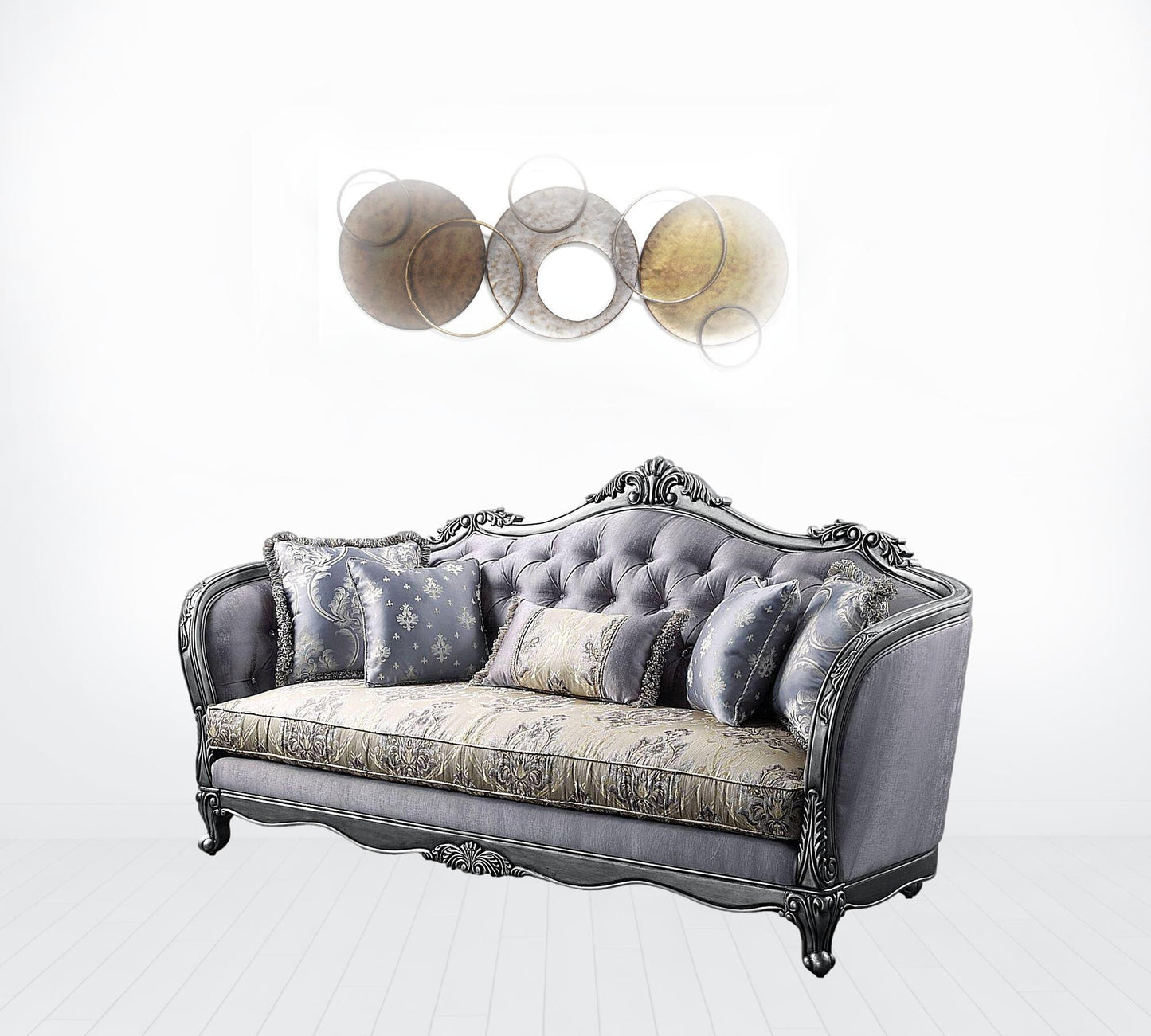 89" Platinum Imitation Silk Damask Sofa And Toss Pillows