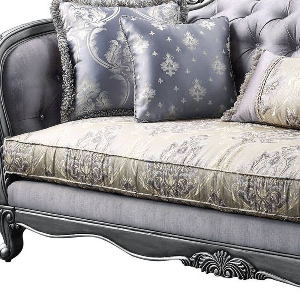 89" Platinum Imitation Silk Damask Sofa And Toss Pillows