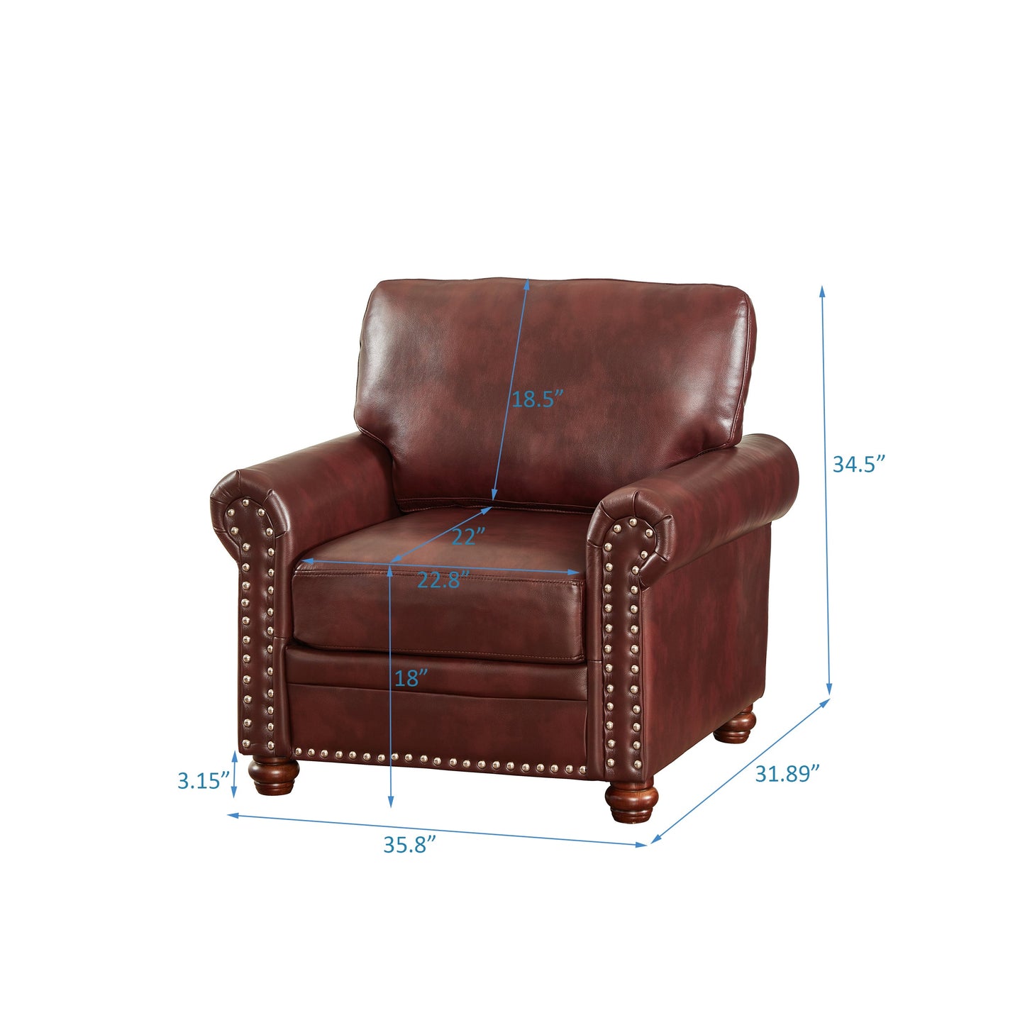 Living Room Sofa Single Seat Chair with Wood Leg Burgundy Faux Leather