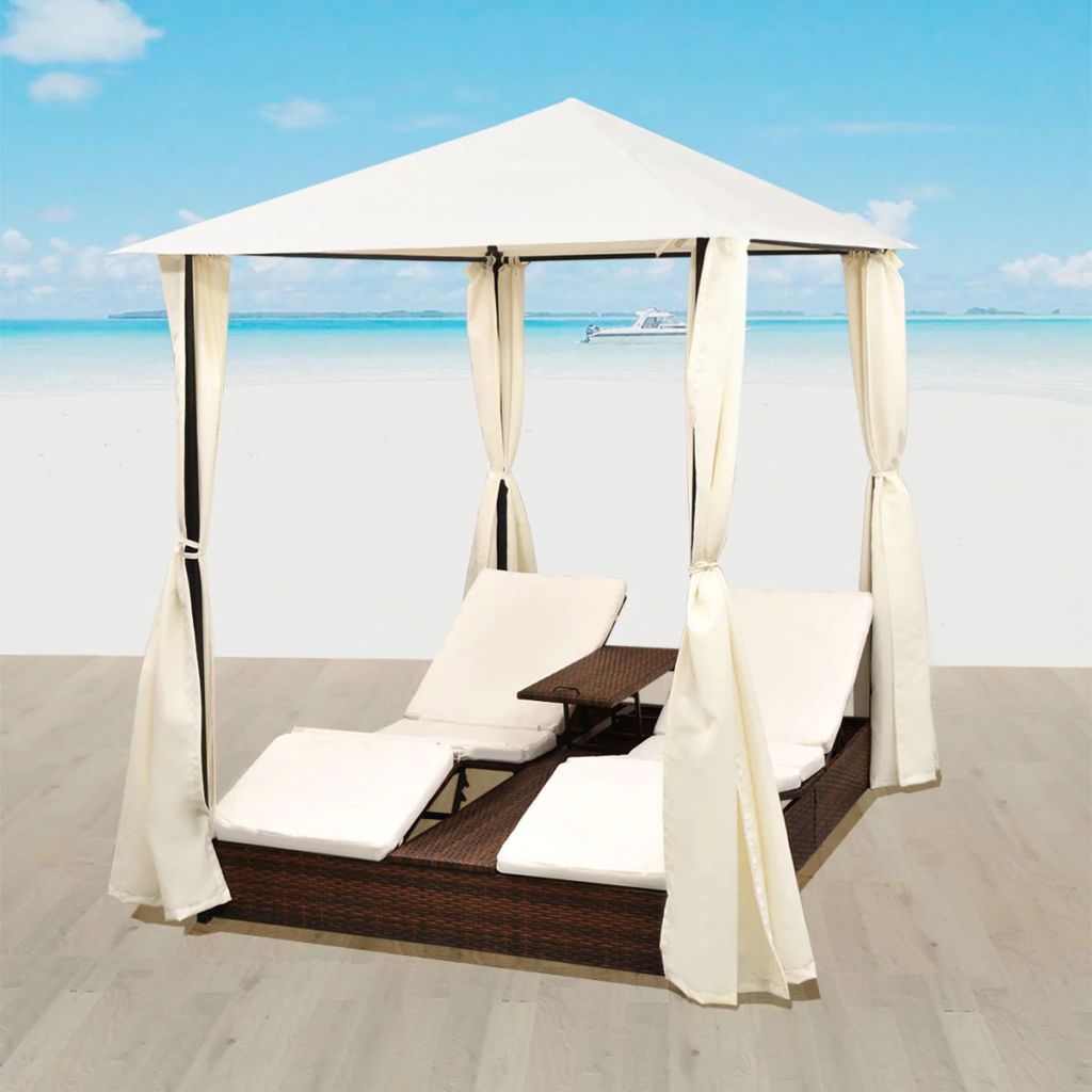 Double Sun Lounger with Curtains Poly Rattan Brown