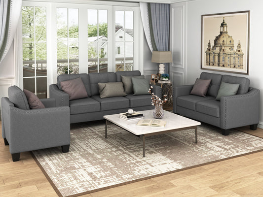 3 Piece Living Room Set with tufted cushions.