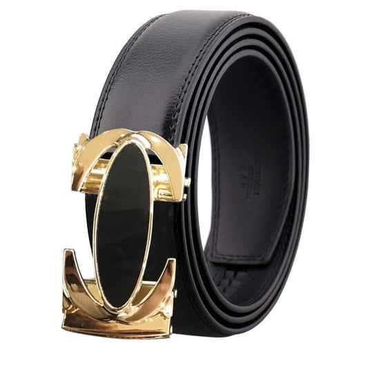 Black and Gold Mens Adjustable Ratchet Slide Buckle Belt - Genuine