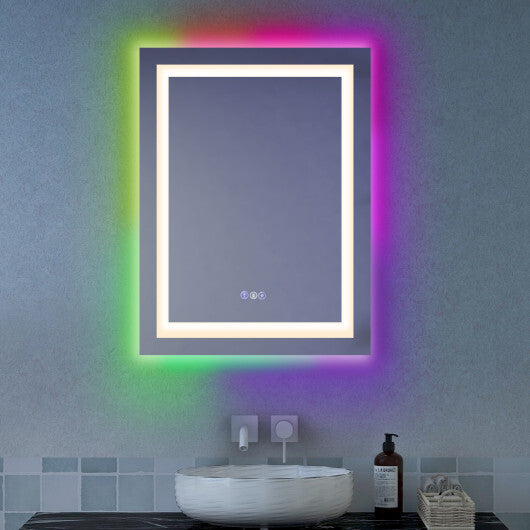 32 Inch x 24 Inch Bathroom Anti-Fog Wall Mirror with Colorful Light - Color: Silver