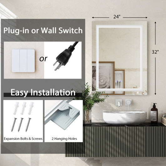 32 Inch x 24 Inch Bathroom Anti-Fog Wall Mirror with Colorful Light - Color: Silver