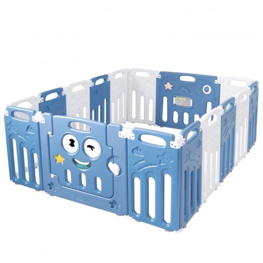 16-Panel Foldable Baby Playpen Kids Activity Centre-Blue - Color: Blue