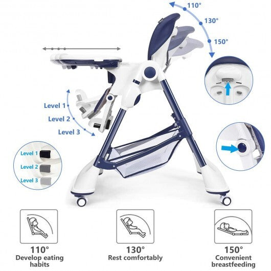 A-Shaped High Chair with 4 Lockable Wheels-Navy - Color: Navy