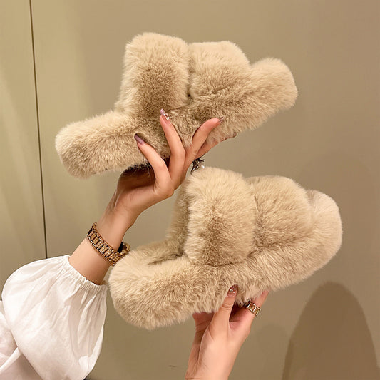 Winter Fur Slippers Woman 2022 New Trend Thick Bottom Warm Home Slippers House Plush Beige Fluffy Indoor Slippers Female
