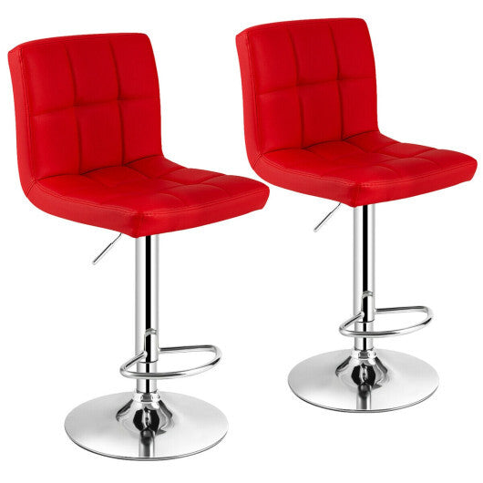 Set of 2 Square Swivel Adjustable PU Leather Bar Stools with Back and Footrest-Red - Color: Red