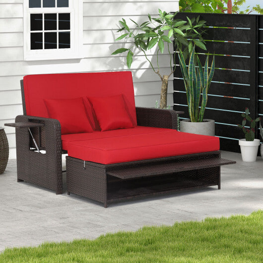 Patio Rattan Daybed with 4-Level Adjustable Backrest and Retractable Side Tray-Brown