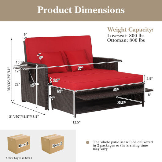 Patio Rattan Daybed with 4-Level Adjustable Backrest and Retractable Side Tray-Brown