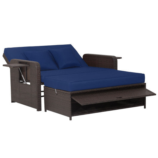 Patio Rattan Daybed with 4-Level Adjustable Backrest and Retractable Side Tray-Brown