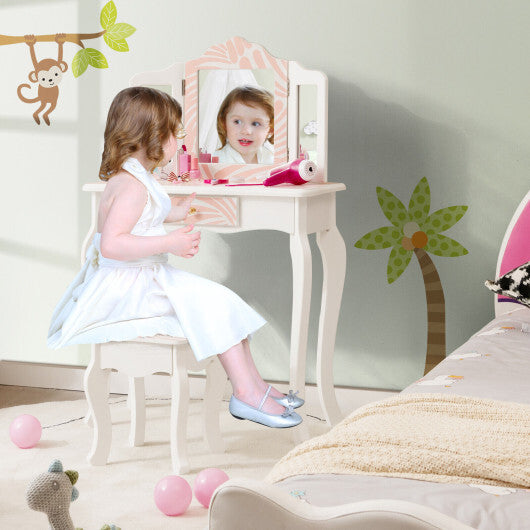 2-in-1 Kids Vanity Table Set with Tri-folding Mirror-Pink - Color: Pink