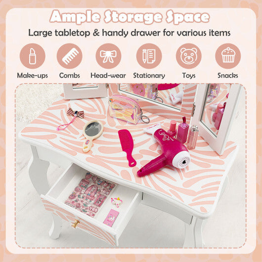 2-in-1 Kids Vanity Table Set with Tri-folding Mirror-Pink - Color: Pink