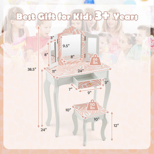 2-in-1 Kids Vanity Table Set with Tri-folding Mirror-Pink - Color: Pink