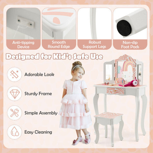 2-in-1 Kids Vanity Table Set with Tri-folding Mirror-Pink - Color: Pink