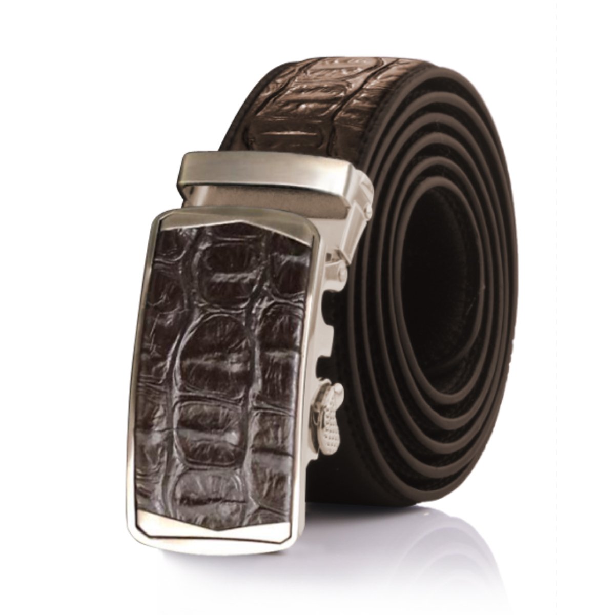 Crocodile Brown Mens Adjustable Ratchet Slide Buckle Belt - Genuine