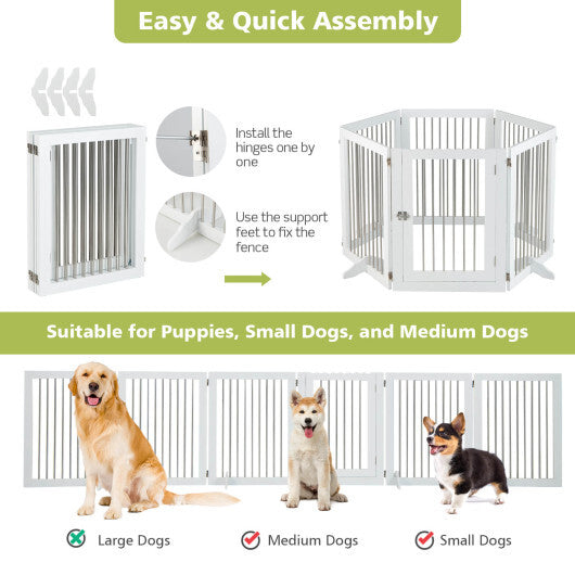 Freestanding 6-Panel Dog Gate with 4 Support Feet for Stairs-White - Color: White