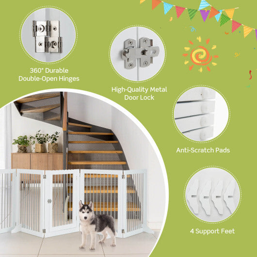 Freestanding 6-Panel Dog Gate with 4 Support Feet for Stairs-White - Color: White