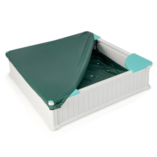 Kids Outdoor Sandbox with Oxford Cover and 4 Corner Seats-White - Color: White