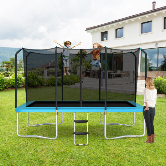 8 x 14 Feet Rectangular Recreational Trampoline with Safety Enclosure Net and Ladder-Blue - Color: Blue