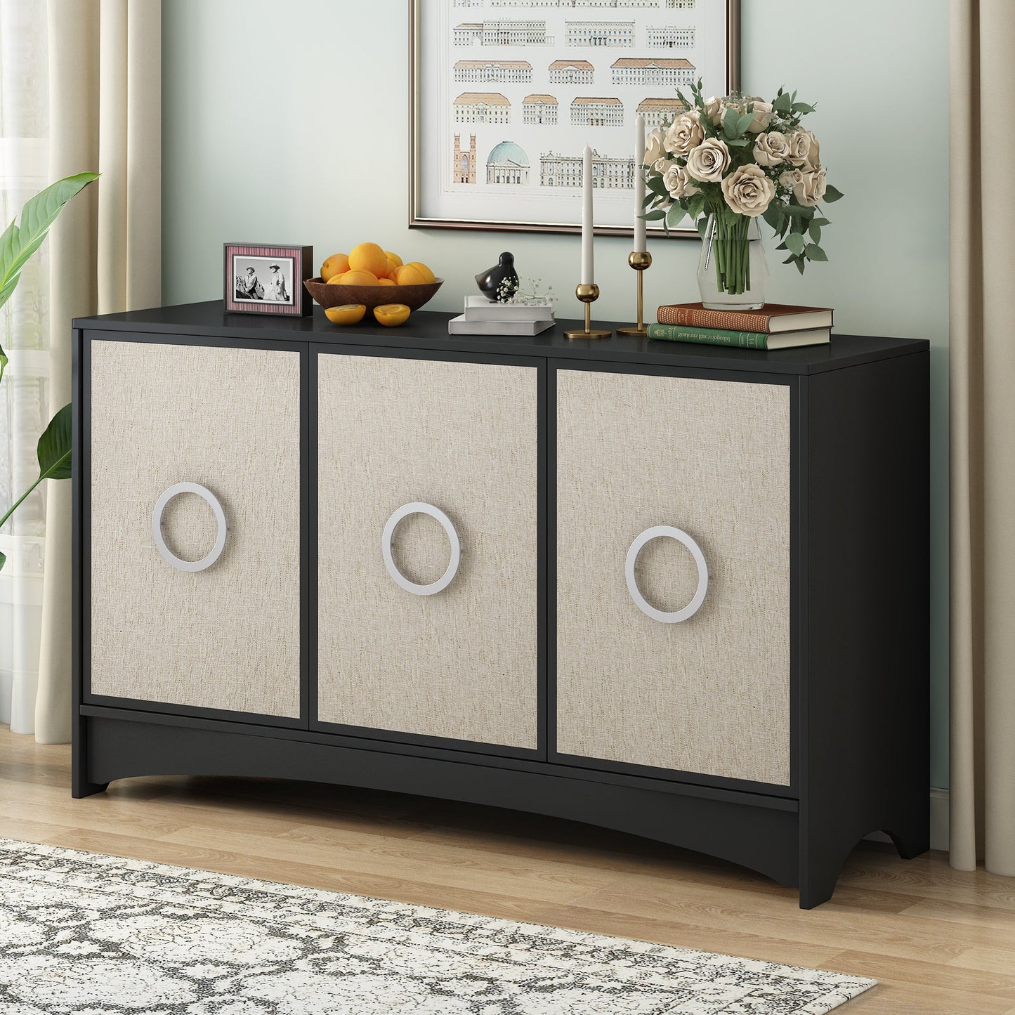 Curved Design Storage Cabinet with Three Doors and Adjustable shelves,