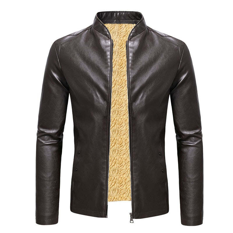 Winter Fleece Leather Jacket Men PU Faux Warm Suede Fashion Stand Collar Casual Solid Motorcycle Leather Jackets Coat Men