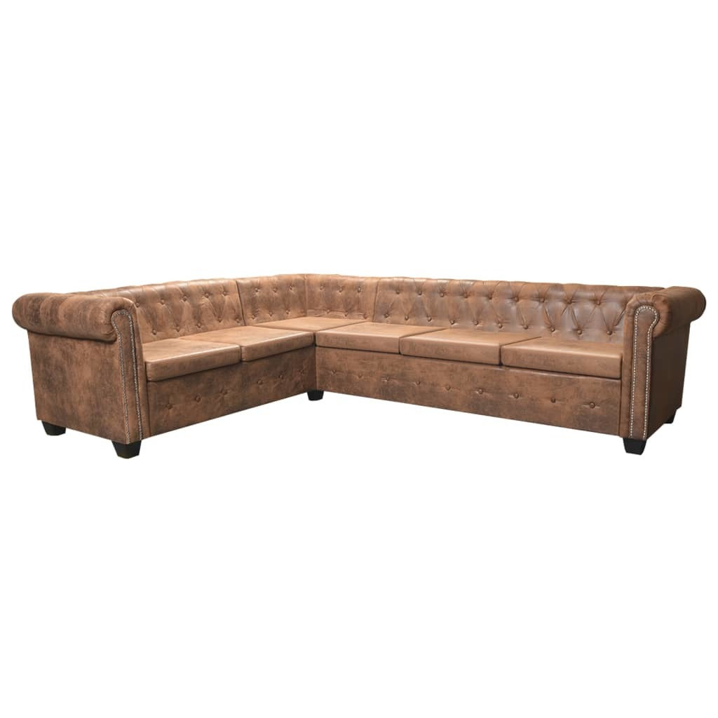 Chesterfield Corner Sofa 6-Seater Brown Faux Leather