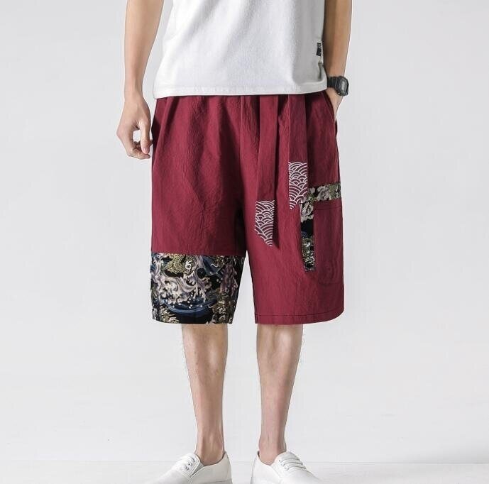 Embroidered Belt Print Linen Shorts