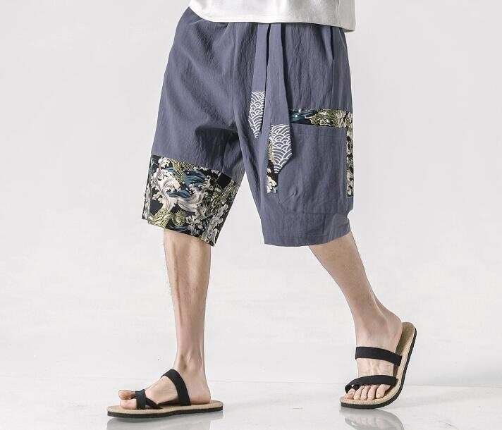 Embroidered Belt Print Linen Shorts