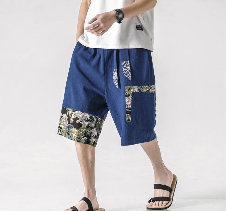 Embroidered Belt Print Linen Shorts