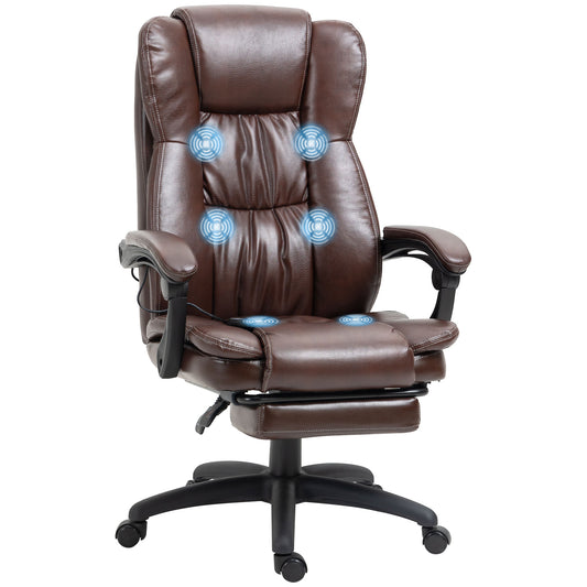 High Back Massage Office Chair with 6-Point Vibration, 5 Modes, Executive Chair, PU Leather Swivel Chair with Reclining Back, and Retractable Footrest, Brown