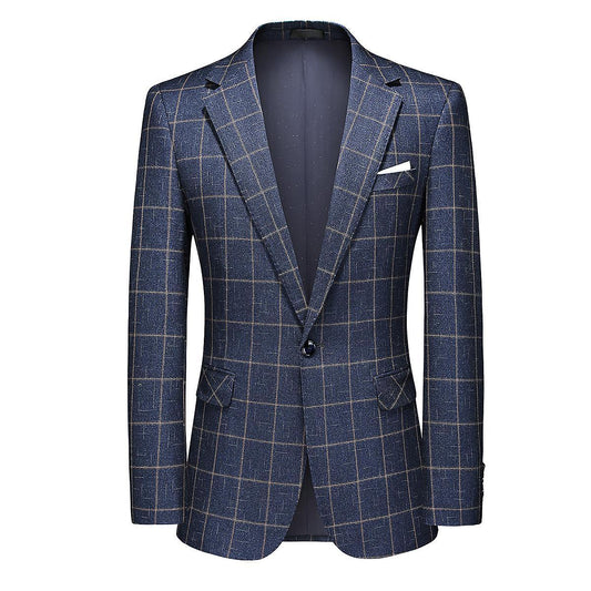 Men's Business Casual Mature Style One-button Plaid Striped Back Double-split Blazer