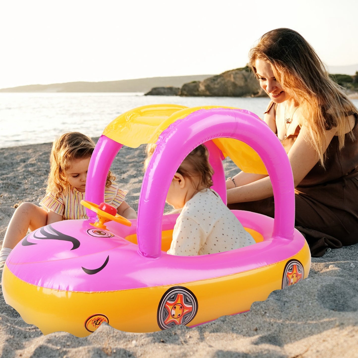 Baby Inflatable Pool Float Car Shaped Toddler Swimming Float Boat Pool Toy Infant Swim Ring Pool with Sun Protection Canopy for 1-3 Year-Old Kids Infant Toddlers