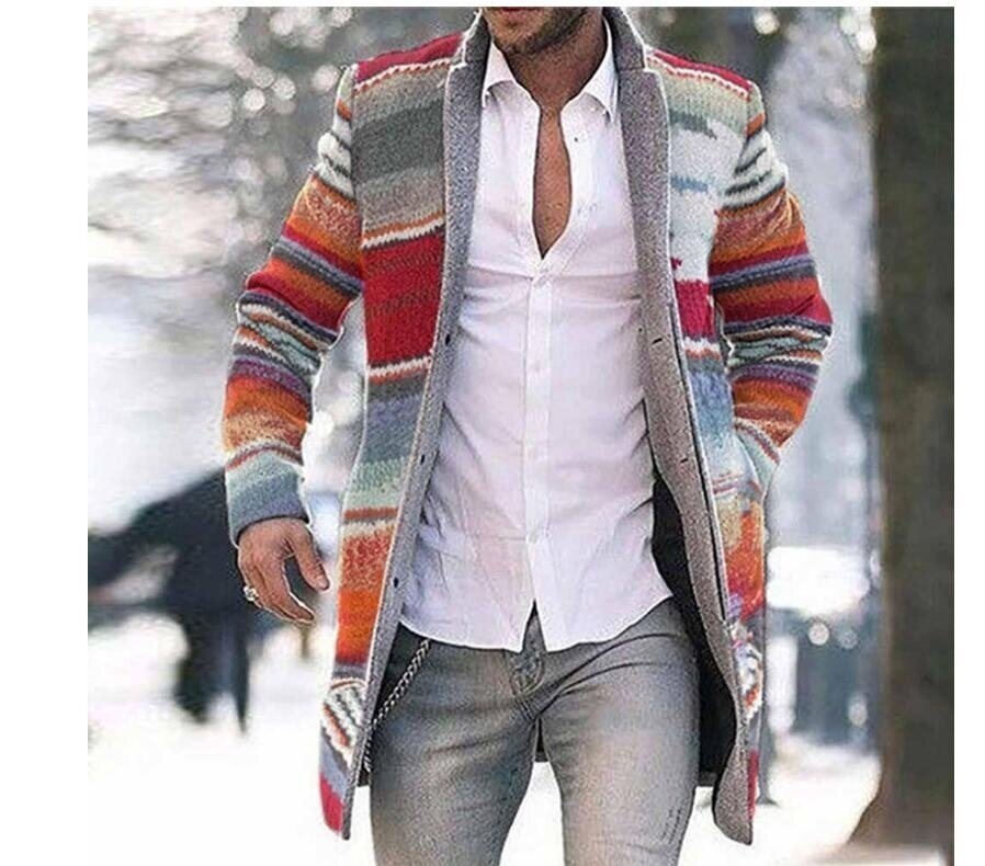 Men's Printed Trench Coat Long Sleeve Jacket