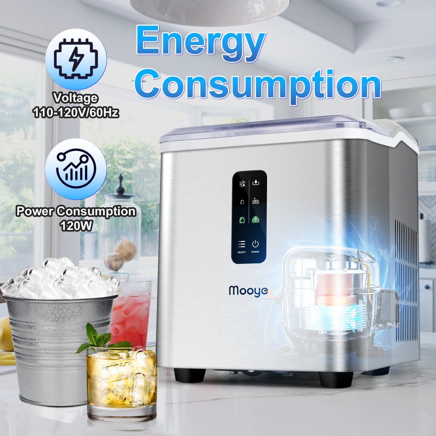 Countertop Ice Maker Machine, 26.5 lbs in 24Hrs, Electric ice Maker and Compact ice Machine with Ice Scoop and Basket, 2 Sizes of Bullet Ice for Home/Kitchen/Office