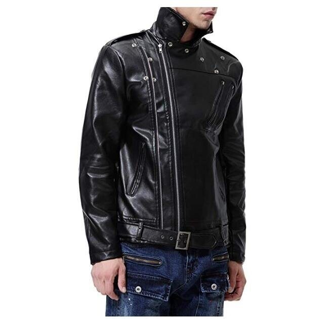 Men's Faux Leather Jacket Black Slim Fit Belted Punk Motorcycle Coat