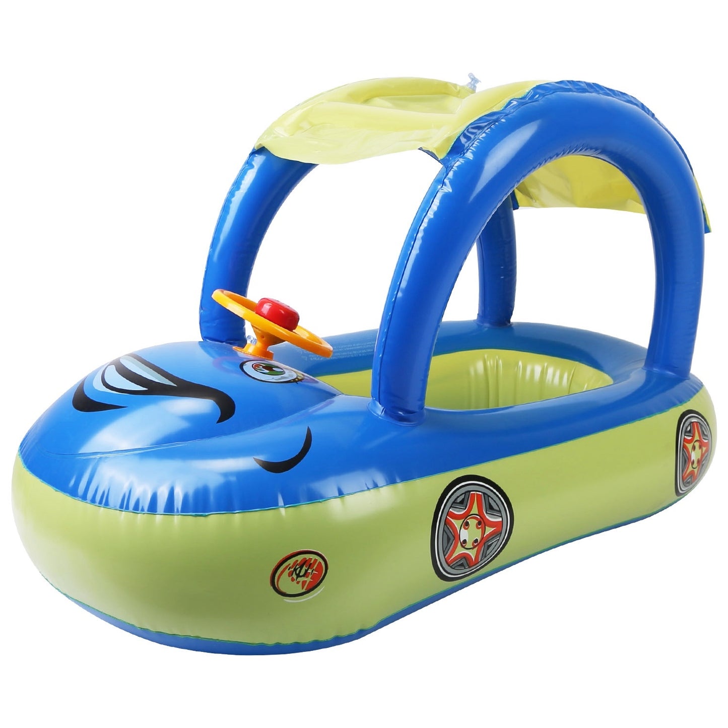 Baby Inflatable Pool Float Car Shaped Toddler Swimming Float Boat Pool Toy Infant Swim Ring Pool with Sun Protection Canopy for 1-3 Year-Old Kids Infant Toddlers