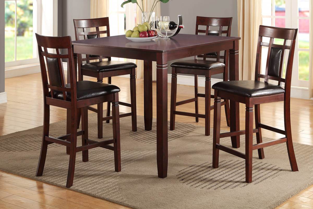 Modern Contemporary 5pc Counter Height Dining Set Cherry / Brown Finish Unique Eyelet Back 4x Chairs
